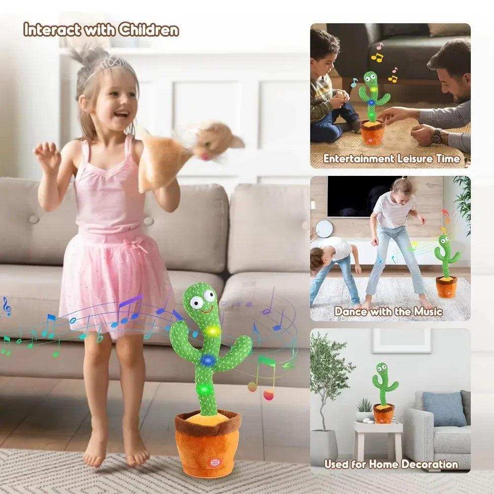 Dança cactus falando brinquedo de pelúcia com função de mudança de voz, 120 peças músicas carregamento usb, presente educacional para crianças