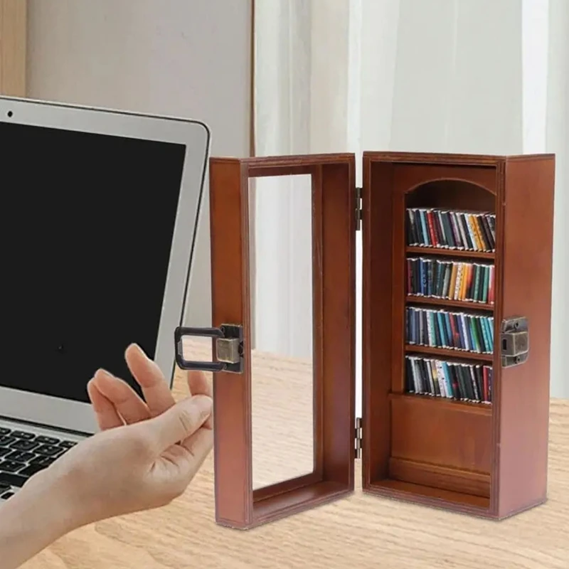 Handmade Miniature Wooden Bookshelf Figurine Statue Wooden Desktop Ornament Home Table with 80 Books