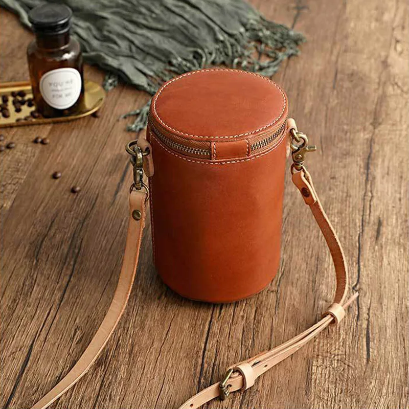 Bolsa de telefone em formato de barril, vintage, couro de vaca genuíno, carteiras de armazenamento, mulheres, moda ao ar livre, chique, sólida, pequena, bolsa de ombro crossbody