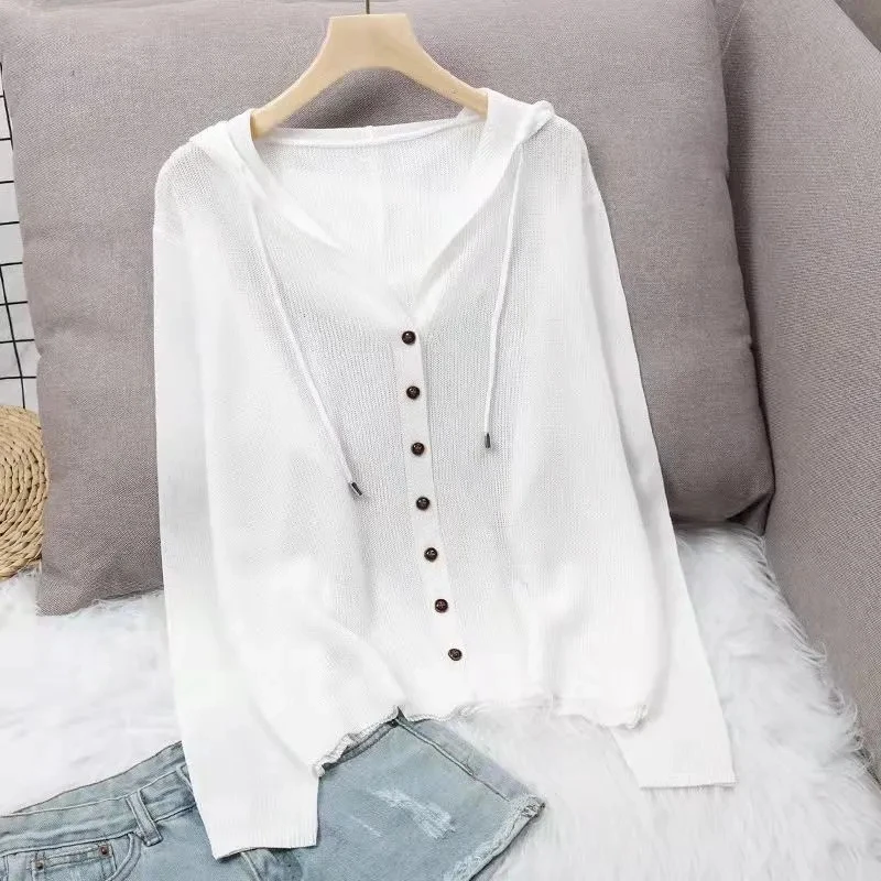 New Women's Short 2026 Summer Hooded Hollow-out Lady Knitting Cardigan Outerwear Long Sleeve Ladies Coat