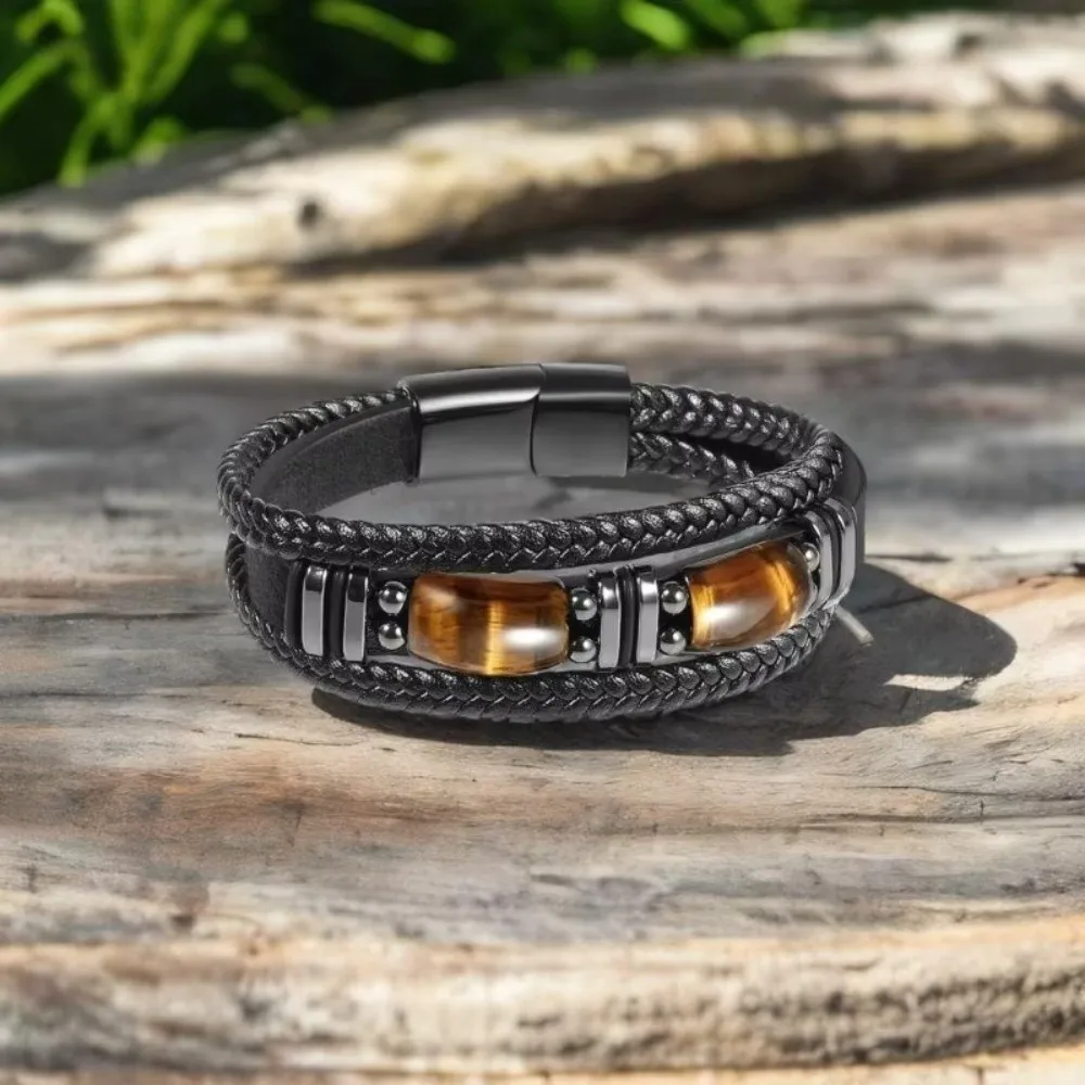 Wristband Bracelet Multi-Layer Tiger Eye Stone Bracelet Adjustabl Braided Leather Bracelet Retro Handmade Beaded Bracelet Women