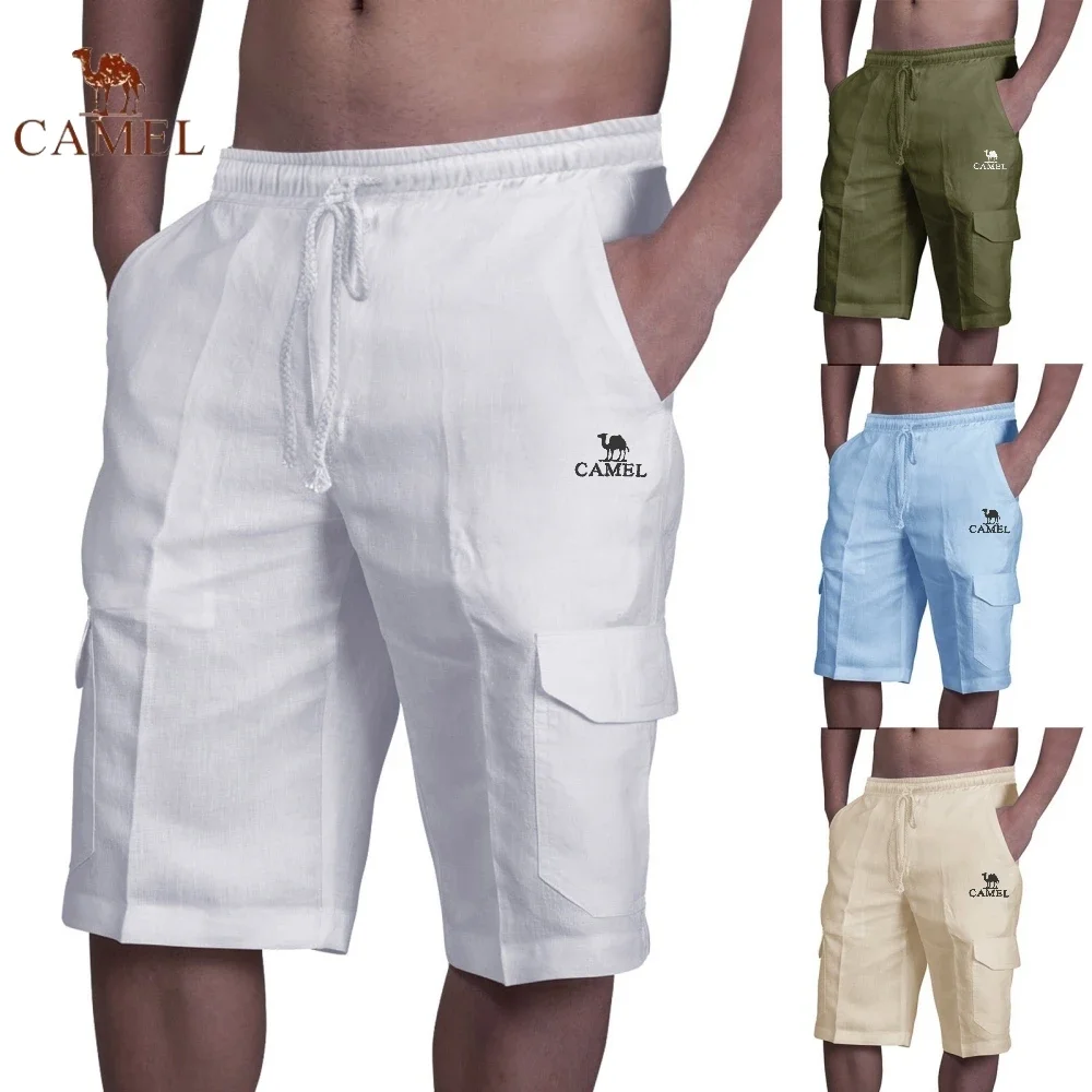 

New Embroidered CAMEL Pure Cotton Linen Work Shorts Summer Men's Fashion Casual Multi Pocket Breathable Beach Swimming Pants