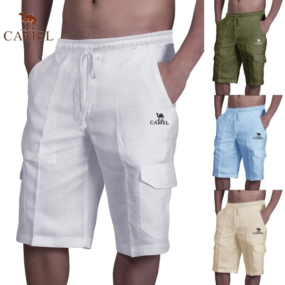 New Embroidered CAMEL Pure Cotton Linen Work Shorts Summer Men\'s Fashion Casual Multi Pocket Breathable Beach Swimming Pants