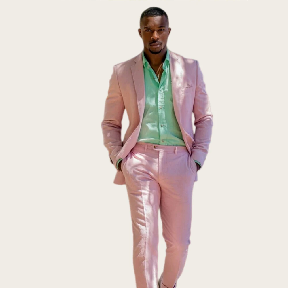 

Pink Linen Wedding Men's Suits Peaked Lapel Single Breasted 2Pcs Summer Tuxedo for Man Prom Slim Fit Beach Blazer Customized