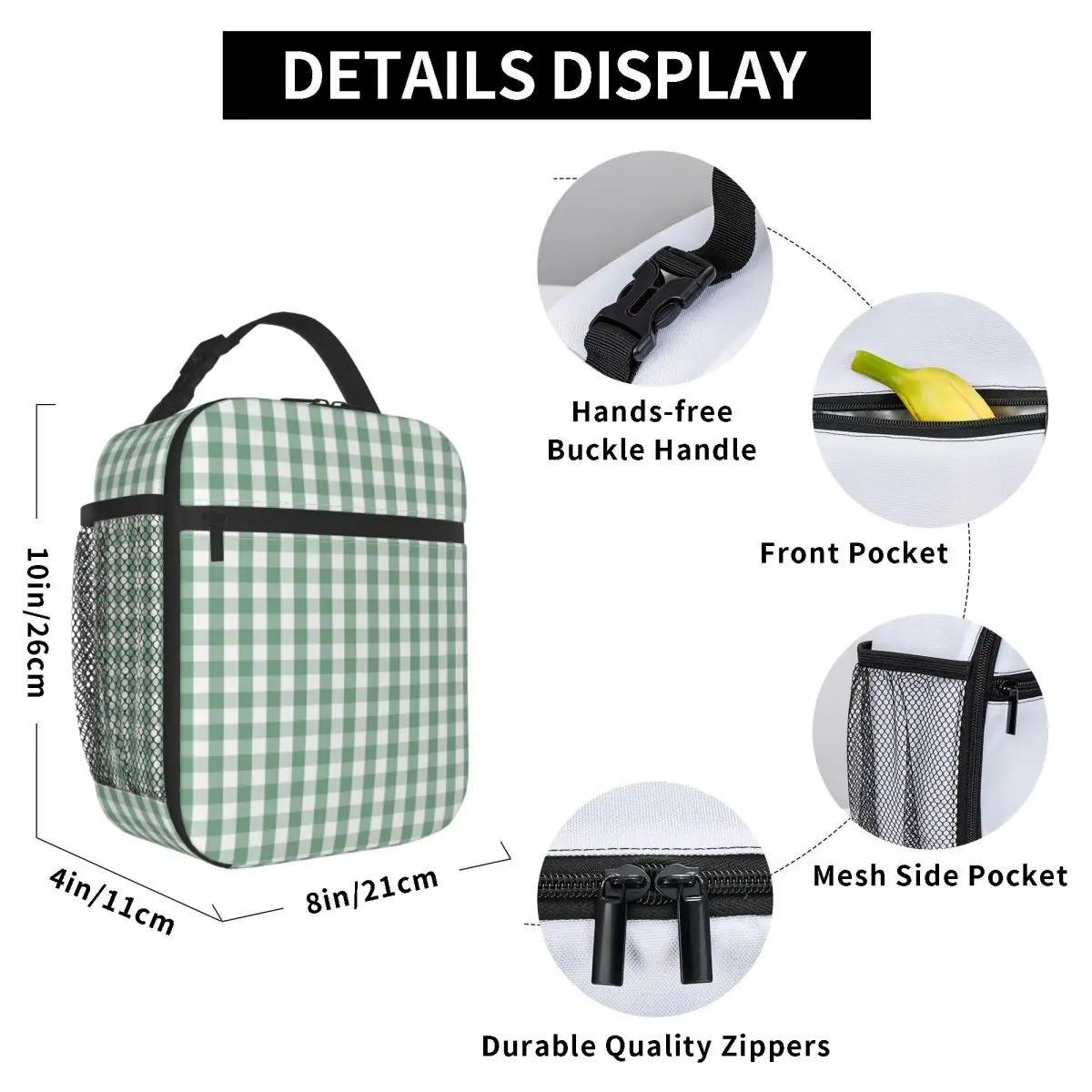 Moss Green Mini Gingham Check Plaid Insulated Lunch Bags for Women Geometric Portable Thermal Cooler Food Lunch Box School