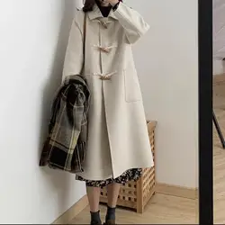 Streetwear Horn Buckle Woolen Trench Coat for Women Fashion Turn-Down Collar Pocket Simple Coat Midi Length Overcoat Jacket