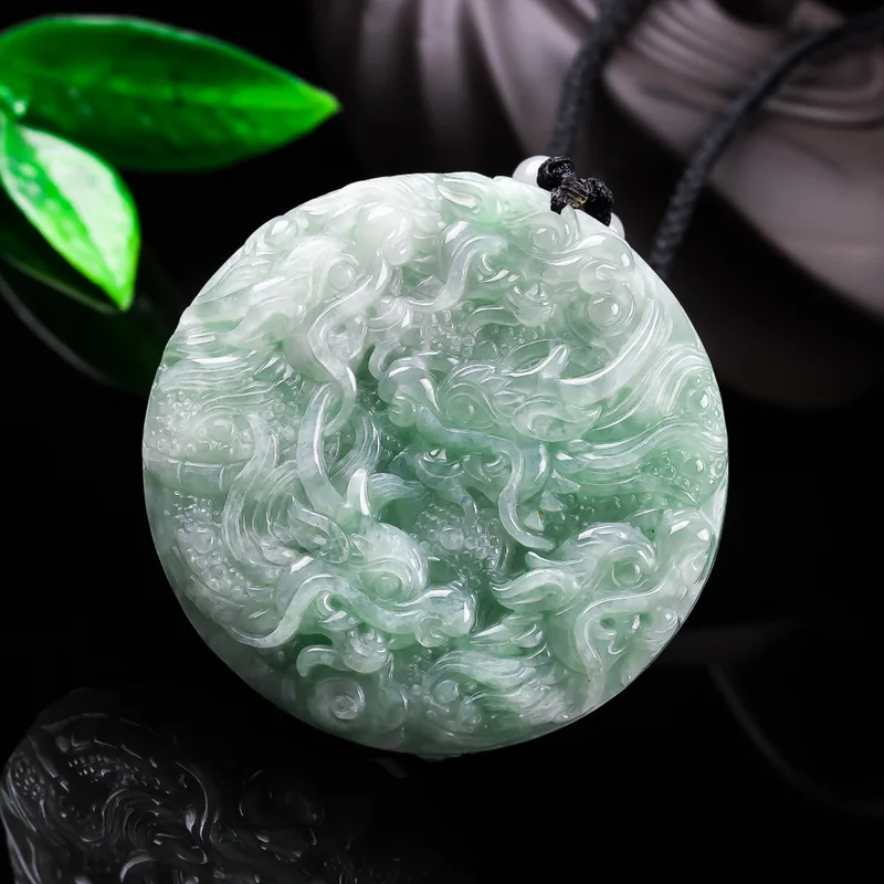 Authentic Burmese Jadeite A-grade - pendant, exquisite round dragon plaque with double-sided carving