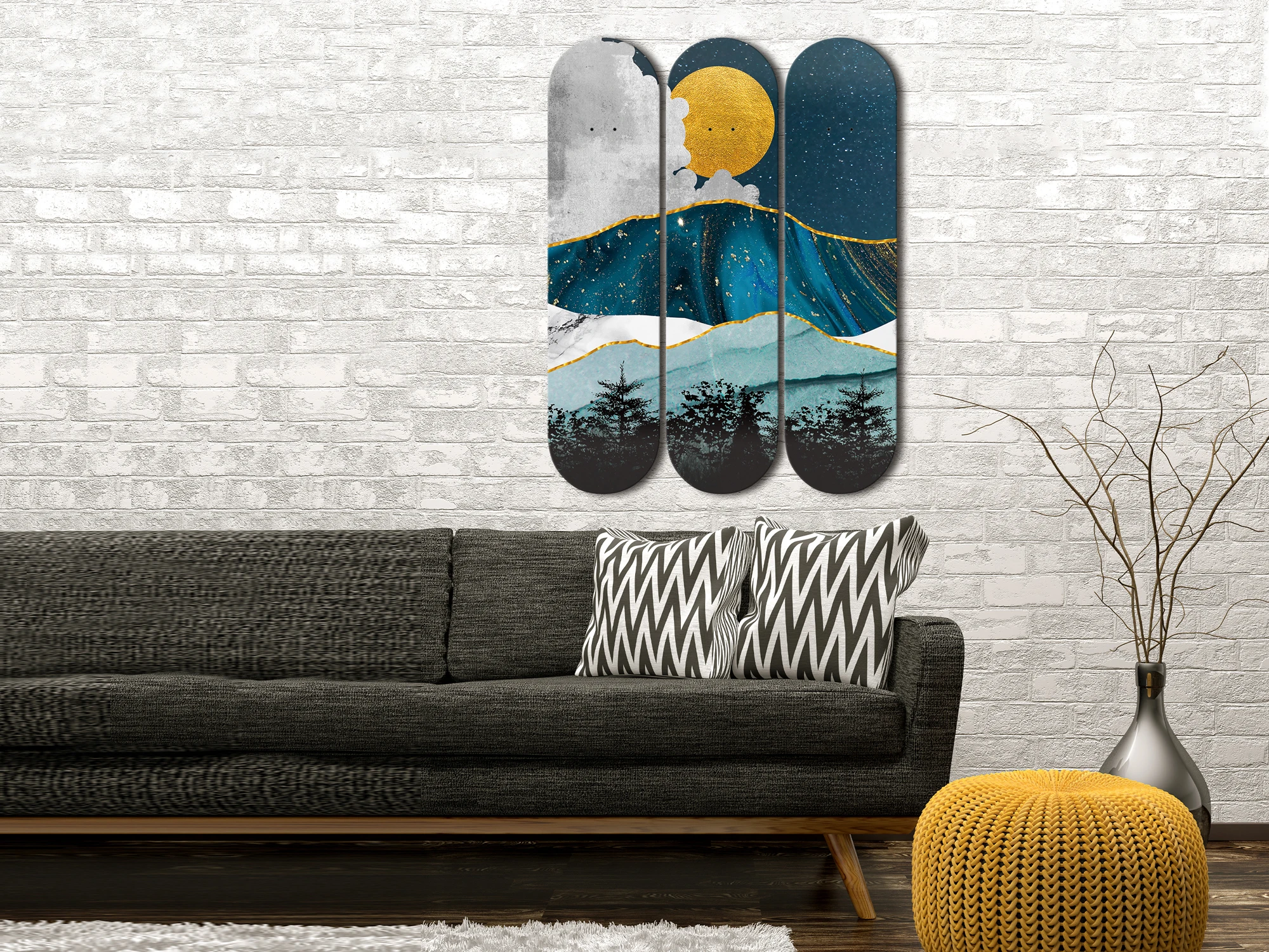 Set of 3pcs Abstract Landscape Skateboard Wall Art 7-layer Maple Decoration Skateboard Furnish and Decorate for Home Decor