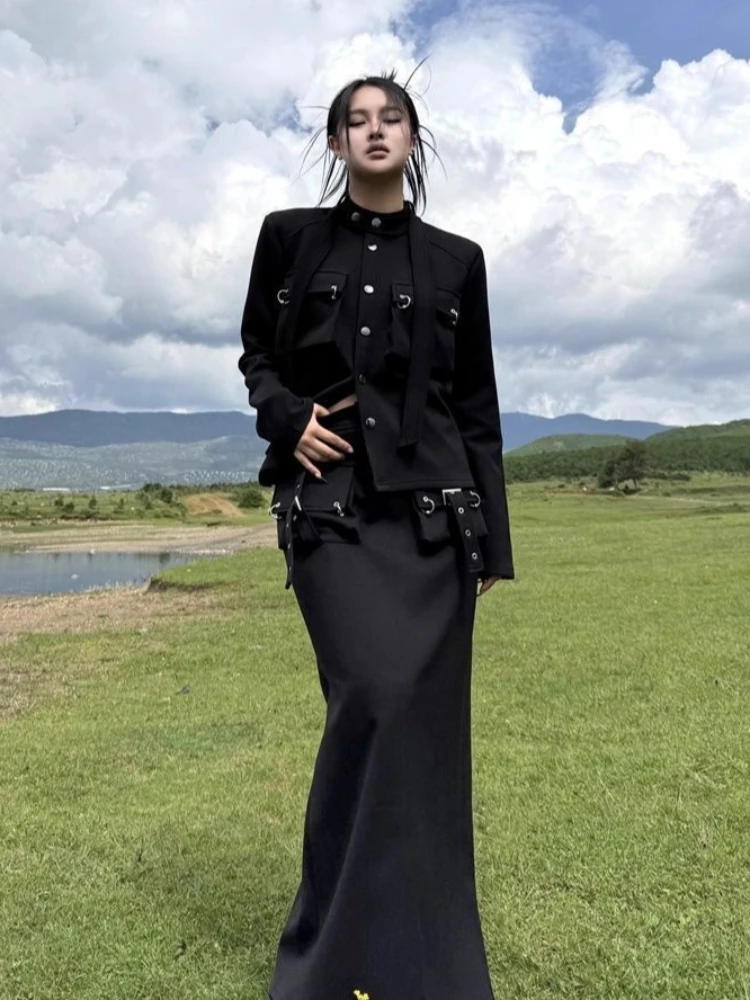 Women's Black Edgy Gothic Set - Maxi Skirt with Metal Buckles & Cropped Cargo Jacket, Vintage Punk Streetwear for Spring Autumn