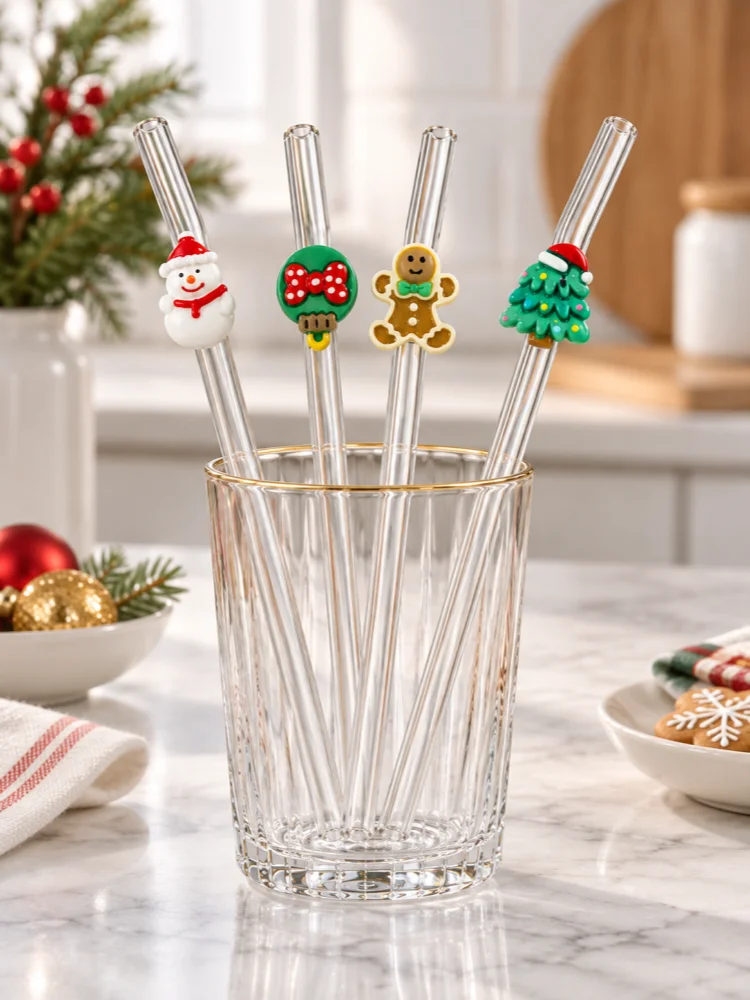 4PCS Reusable Bent Clear Glass Straw, Christmas Snowman Gingerbread Tree Decor, for Hot Cold Drinks, Holiday Party Gift