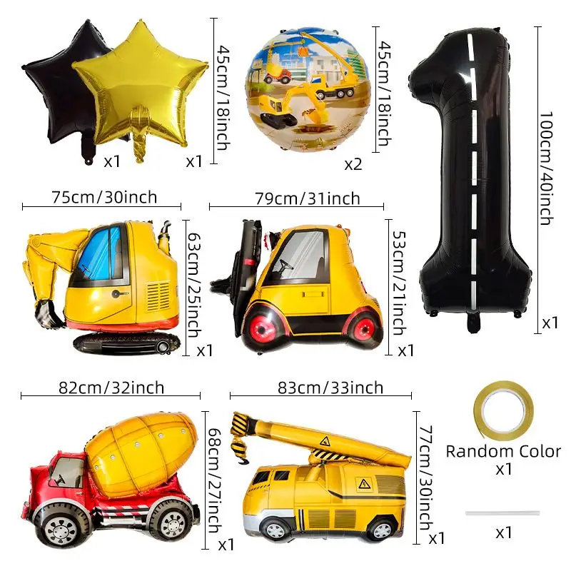 11-teiliges Geburtstagsballon-Set mit Bagger-Bauphema – farbenfrohe Party-Dekoration für Kindergeburtstage mit technischem Thema – Detail 2