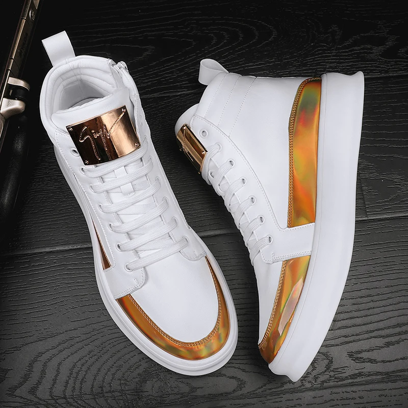 Spring and Autumn New Men Casual Shoes Non-slip Breathable Shoes Gold Sneaker High-top Leather Shoe Outdoor Big Size 45 46 47 48