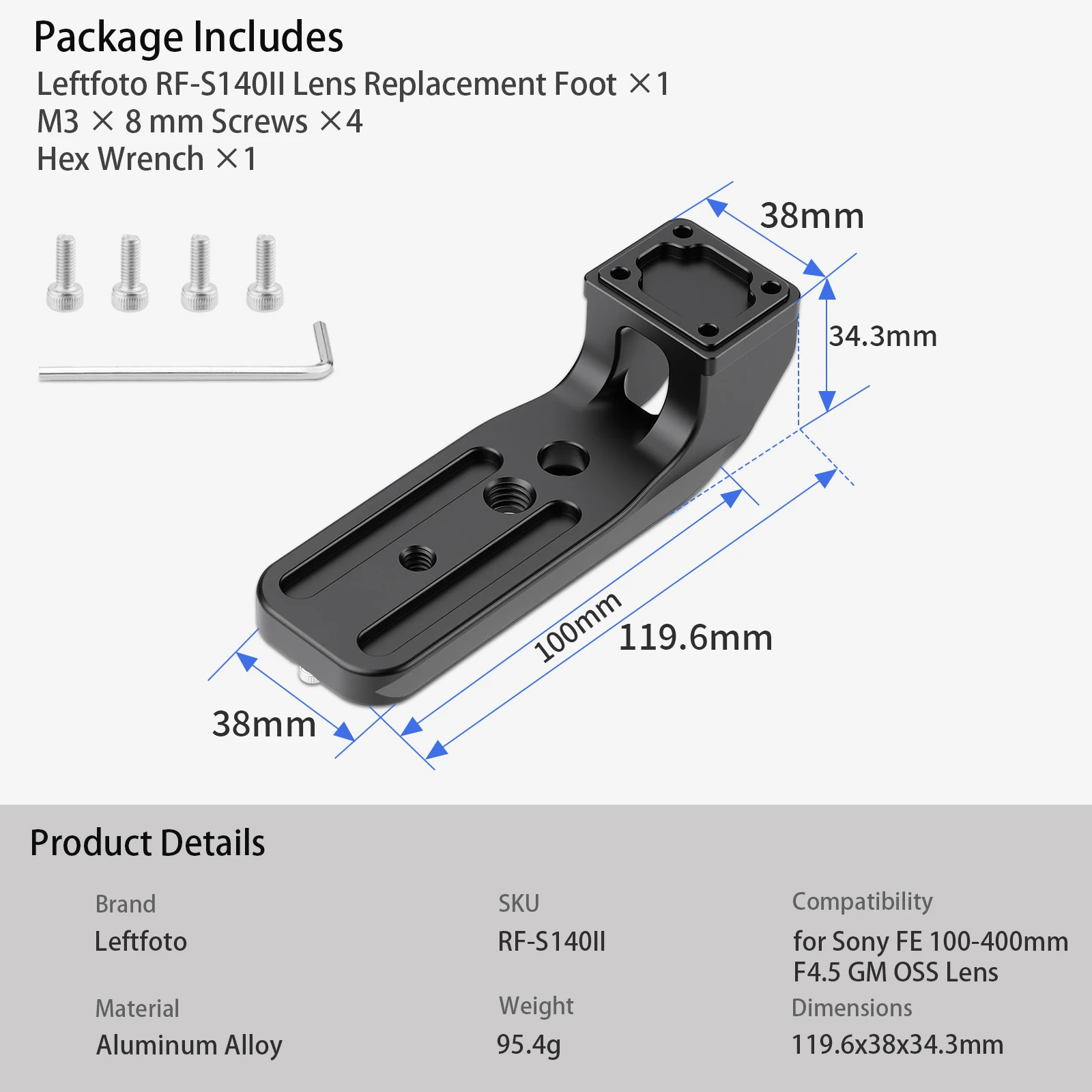 Leftfoto Objektiv-Ersatzfuß für Sony FE 100-400mm F4.5 GM OSS Objektiv, Arca-Typ Stativhalterung mit QD-Riemenhalterung – Detail 9