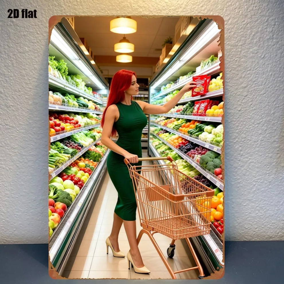 Retro Redhead Grocery Shopping Metal Sign, 8x12in Wall Art for Home Cafe Garage Garden