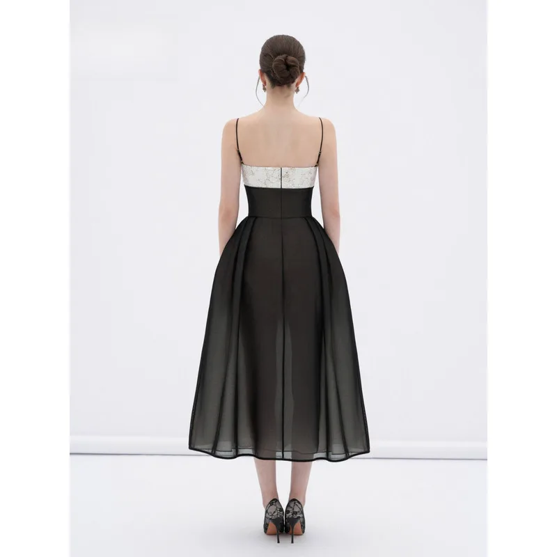 เดรสลื่นทรงหรูหราสำหรับผู้หญิงจาก BEWQ แต่งผ้าปะติดสีตัดกัน ประดับดอกไม้ 3 มิติ ผ้าโปร่งเอวสูง สำหรับงานเลี้ยงตอนเย็น  คอลเลคชั่นใหม่ฤดูใบไม้ร่วง 2025