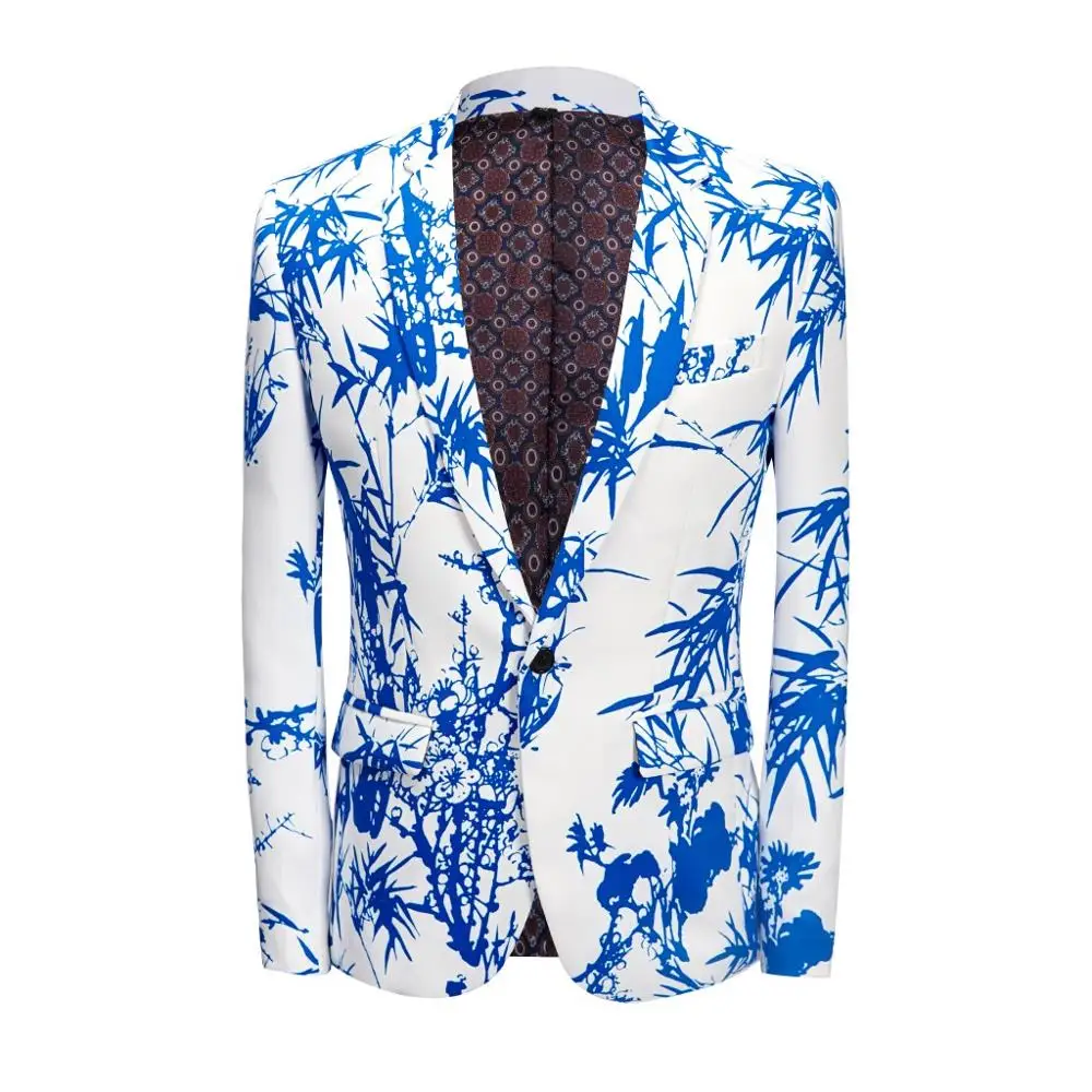 

Men's Sky Blue Printed Bamboo Suit Chinese Style Coat Fashion Trend Tuxedo Slim Fit Wedding Party Dress Business Casual Jacket