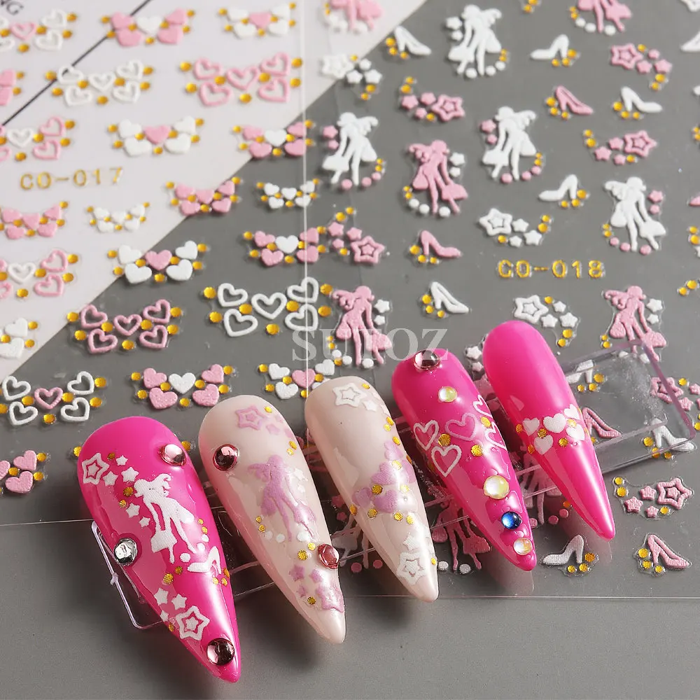 3D semplici fiori adesivi per unghie oro argento cuore stella punta francese linea Nail Design Y2K Manicure floreale fata Nail Decal LEBCO-24