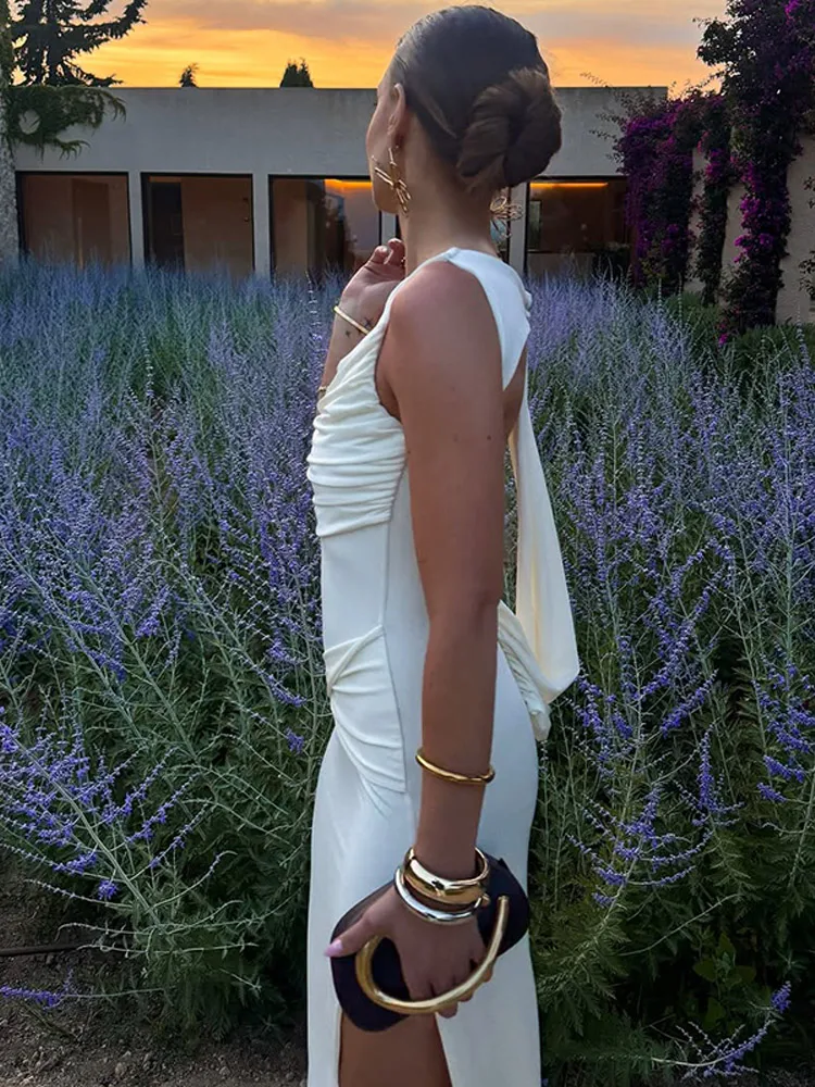 Elegante Solide Plissee Slim Fit Lange Vestido Frauen Ärmellose Rundhals Off Schulter Hohe Taille Kleider Weibliche Party Abendessen Tragen