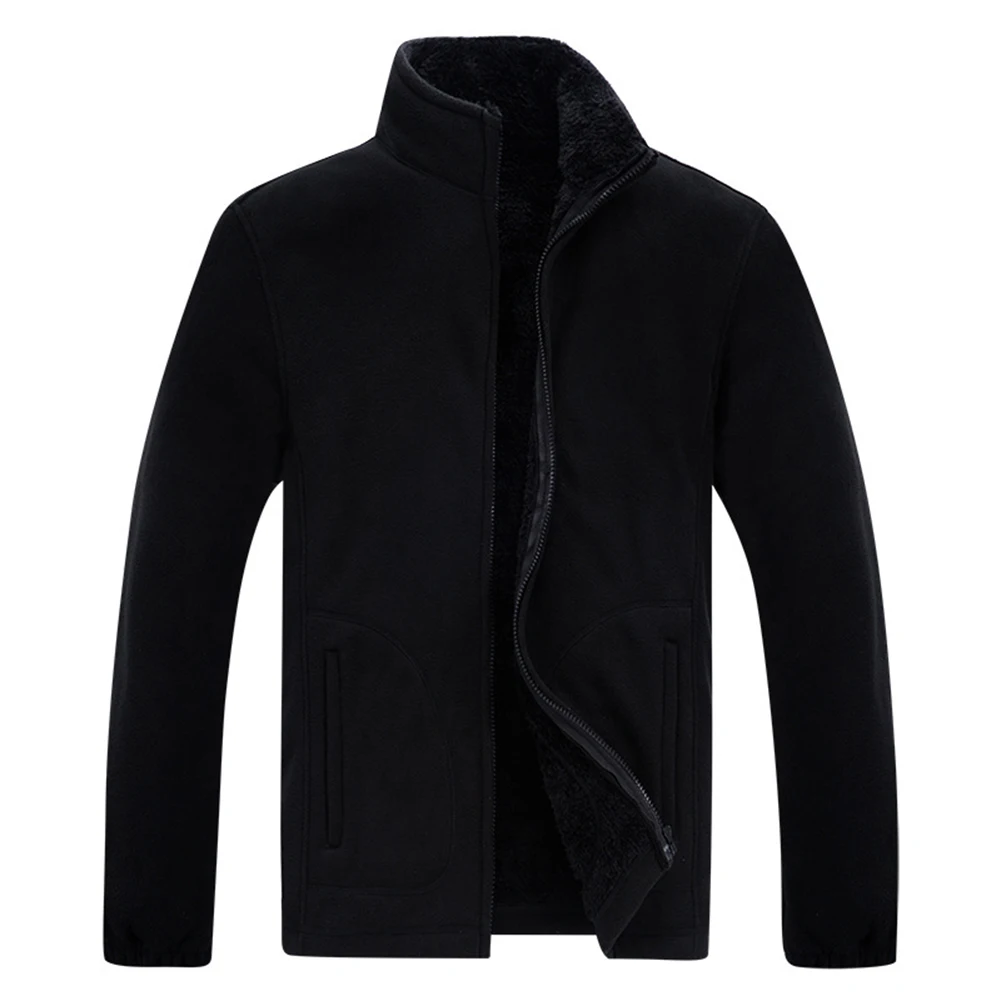 Men\\\'s Solid Color Thermal Fleece Jacket Winter Warm Thick Casual Coat Stand-up Collar Long Sleeve Polyester Layer