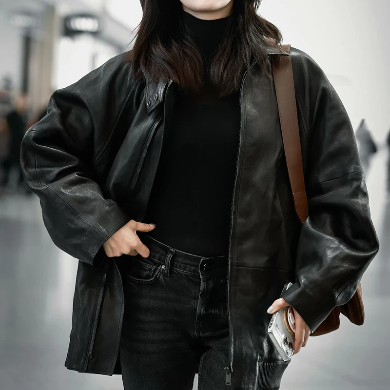 Kurtka ze skóry naturalnej 100% damska, garbowana roślinnie skóra owcza, motocyklowa, casualowa, średniej długości, luźna, czarna kurtka Lederjacken Frauen