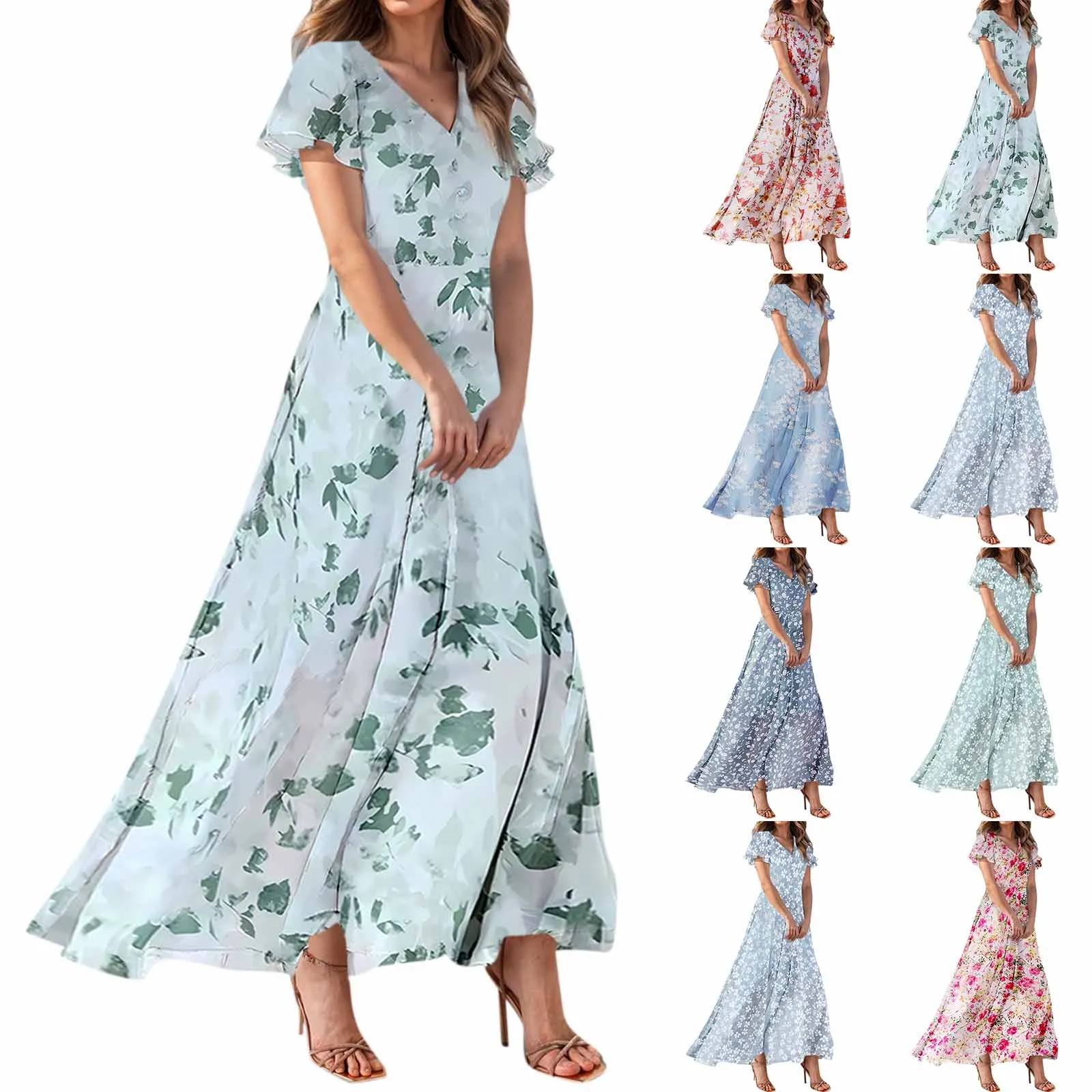 Women'S Chiffon Flowing Dresses Casual Short Sleeve Maxi Dresses Fashion Floral Printed Elegant Gentle V-Neck Waist Dresses