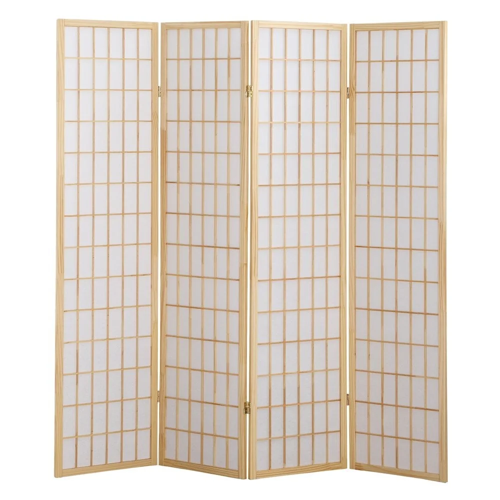 

4 Panel Wooden Shoji Screen Room Divider Natural Finish Rice Paper Lightweight Privacy Folding Design Home Decor