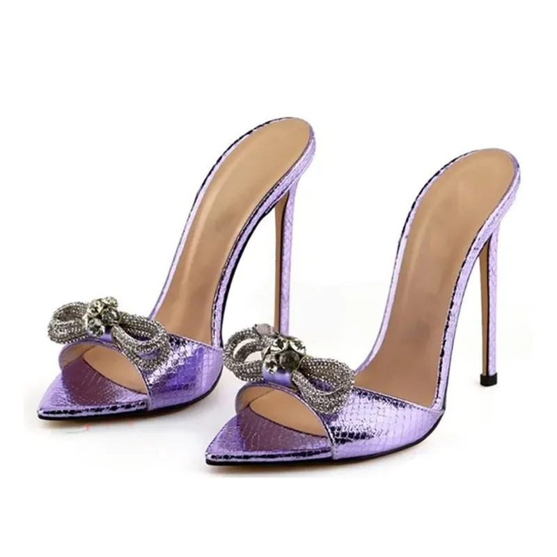 

European AndAmerican Sexy Pointed Thin High-heeled Bow Rhinestone Oversized Sandals for Women's Summer Dresses and Banquet Shoes