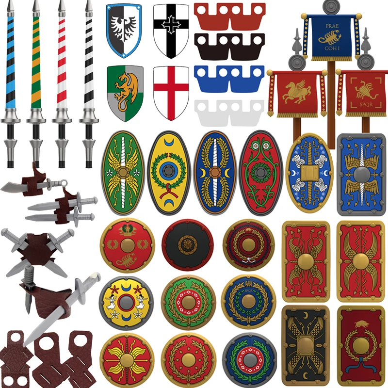 

Средневековый Римский щит, военные строительные блоки, римский солдат, воин, рыцарь, фигурка лучника, фартук, аксессуары для плаща, кирпичная игрушка в подарок