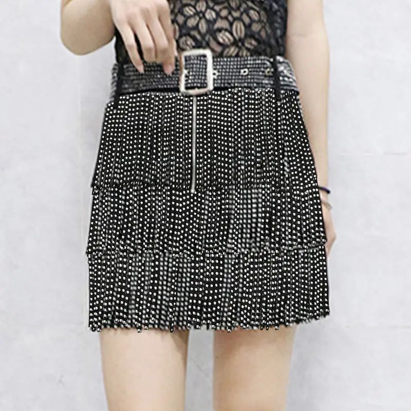 

High Waist Rivets Tassels Short Skirt Zippers Sequined with Belt Women Diamonds Beaded Fringed Sexy Sparkling Half Length Skirt