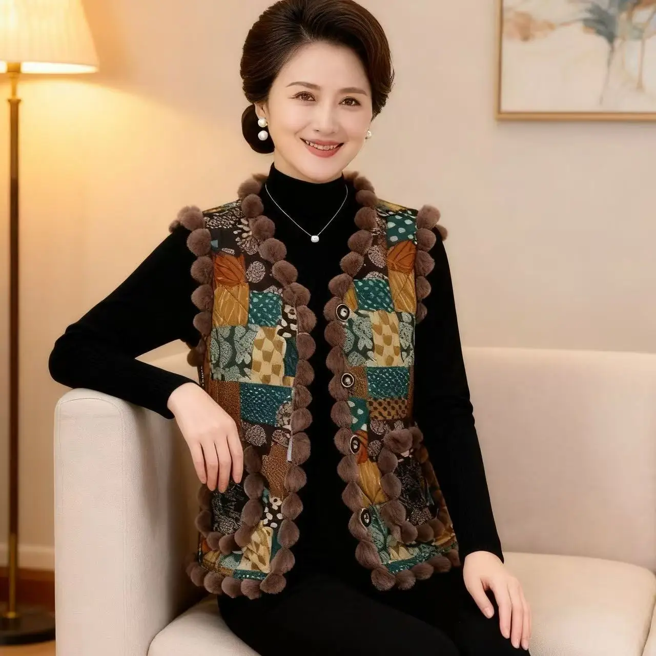 جديد النمط الصيني سترة القمم المرأة الخريف الشتاء معطف بلا أكمام الأمهات في منتصف العمر خمر موضة رشاقته المخملية سترة الإناث #6