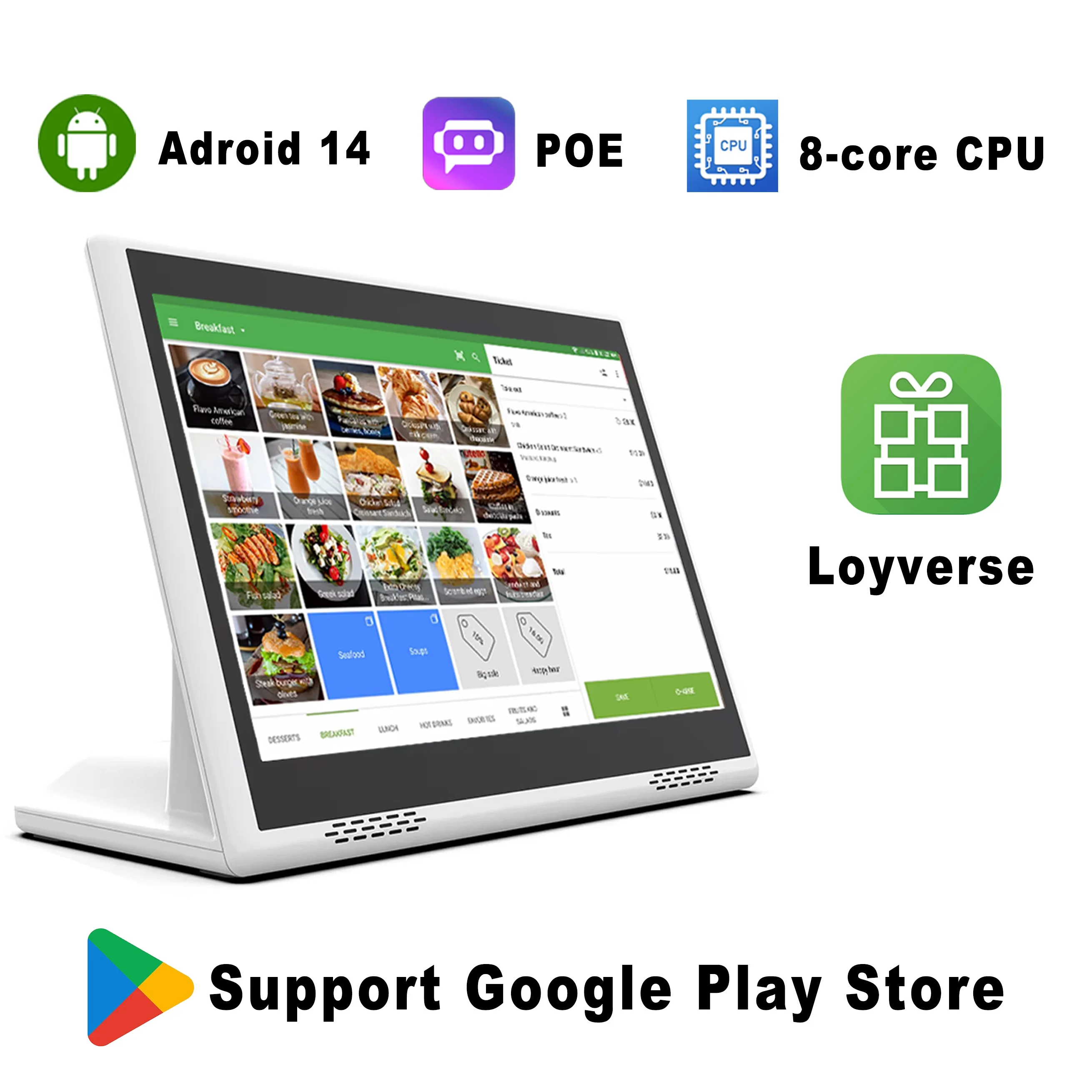 

L-образный 10,1-дюймовый настольный ПК Android 14, планшет с сенсорным экраном Loyverse, дисплей для клиентов с терминалом меню ресторана и 2 динамиками