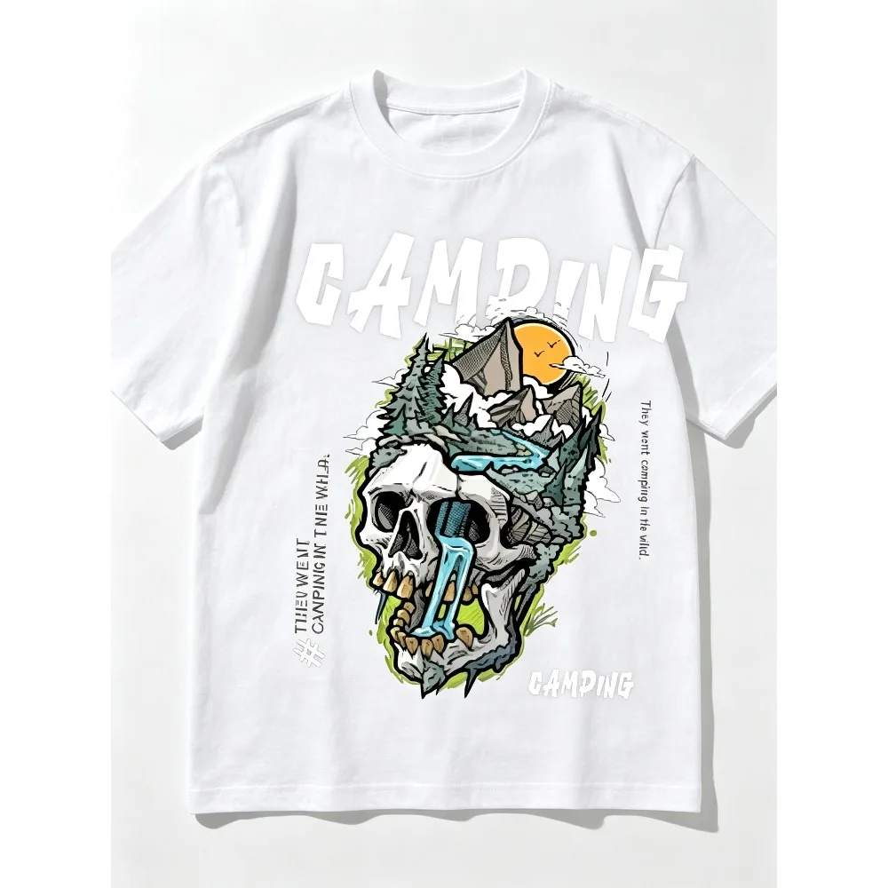 2026 New Men Casual Short Sleeve T-shirt Wild Camping Theme Skull Art Graphic Mountain River Sunset Illustration