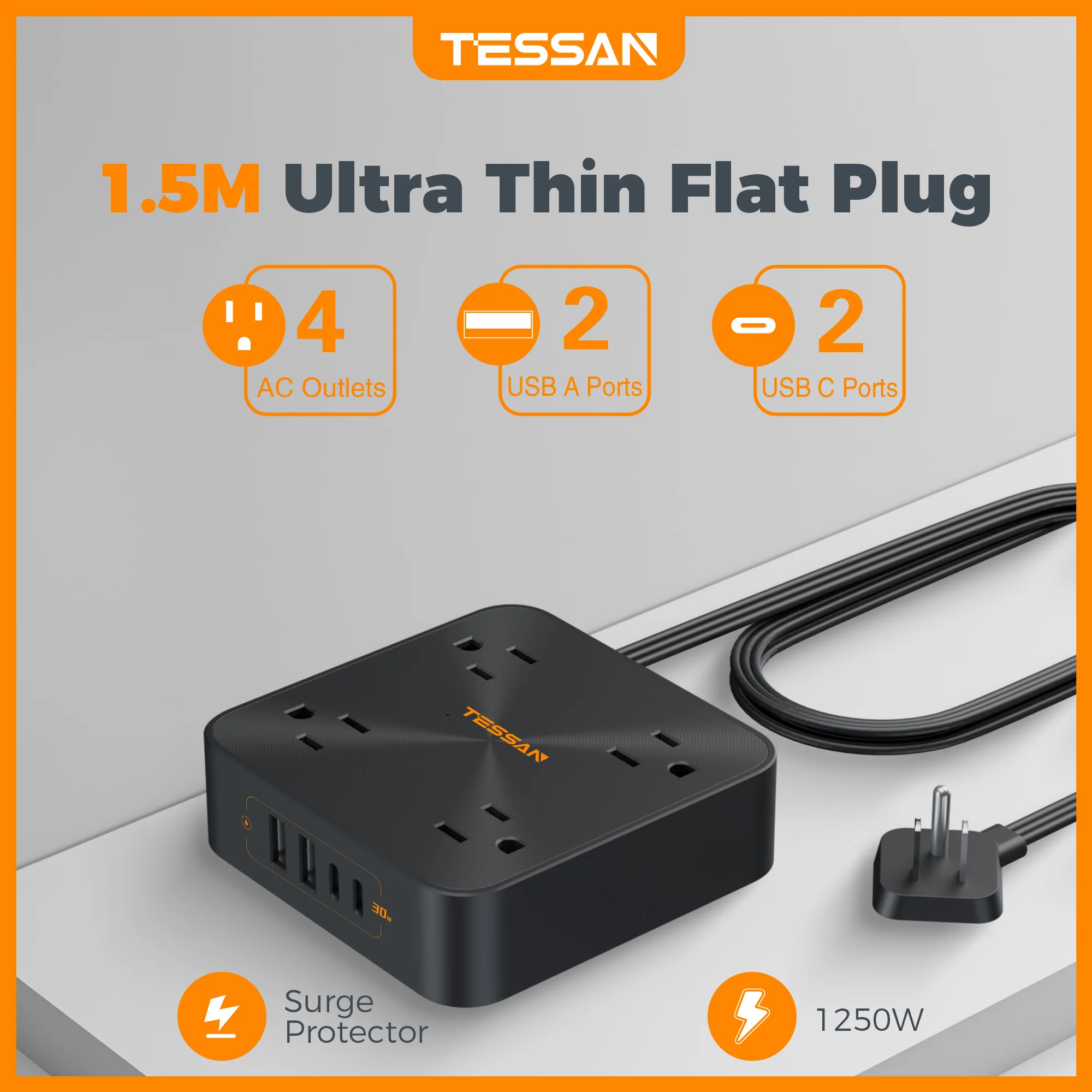 TESSAN Fast Charger with Surge Protector 5 FT Flat Plug Extension Power Strip with 4 AC Extender 4 USB for Office Supplies