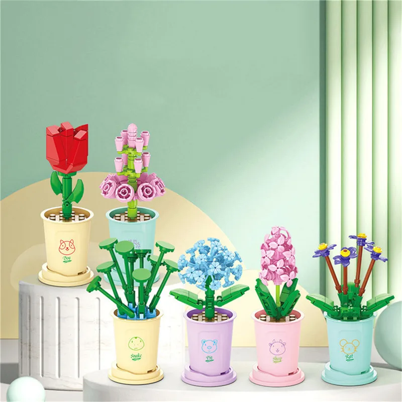 Building Block Bouquet 3D Model Toy Lucky Mini Flowers DIY Assembly Brick Home Decoration Plant Potted Kids Educational Toy Gift