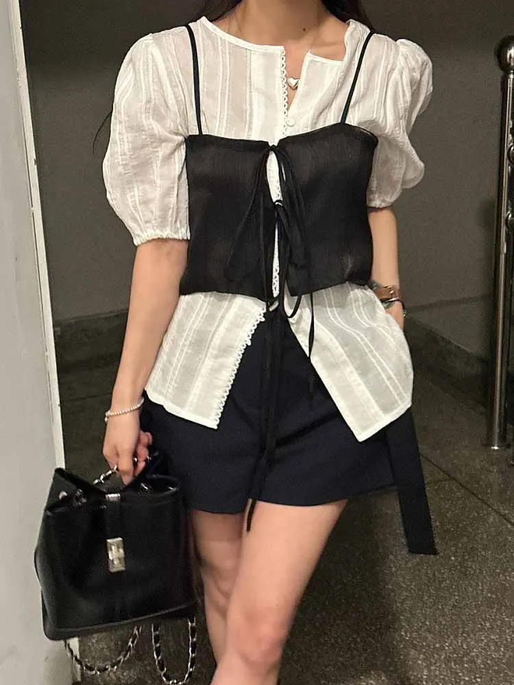 Top de Verão F com Alças Curtas e Cinto, Estilo Camada, Tamanho Pequ, Sensação de Moda gável