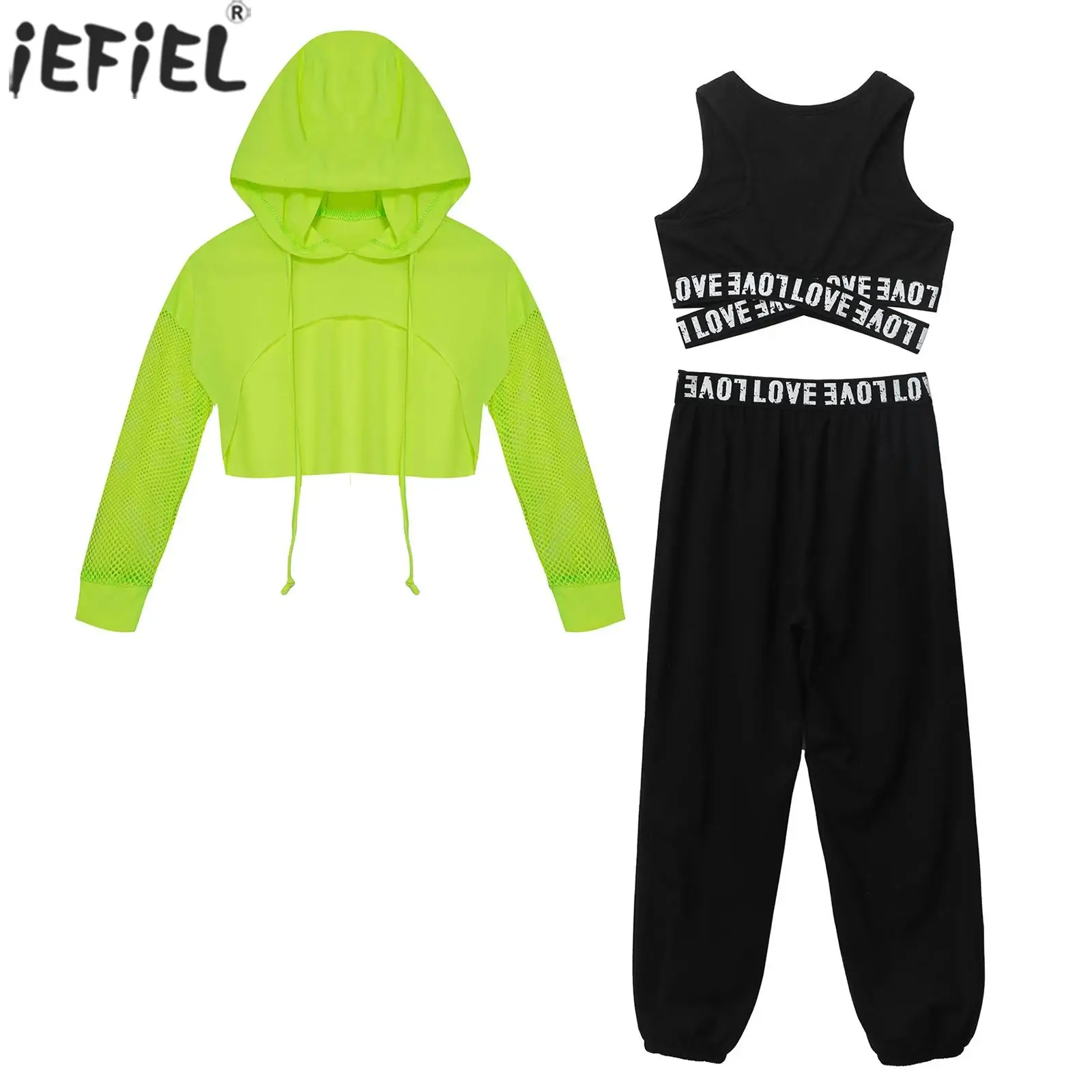 Kids Girls Hip Hop Street Dance Sports Suits Long Sleeve Drawstring Hooded Tops with Crop Top Pants Workout Training Tracksuit