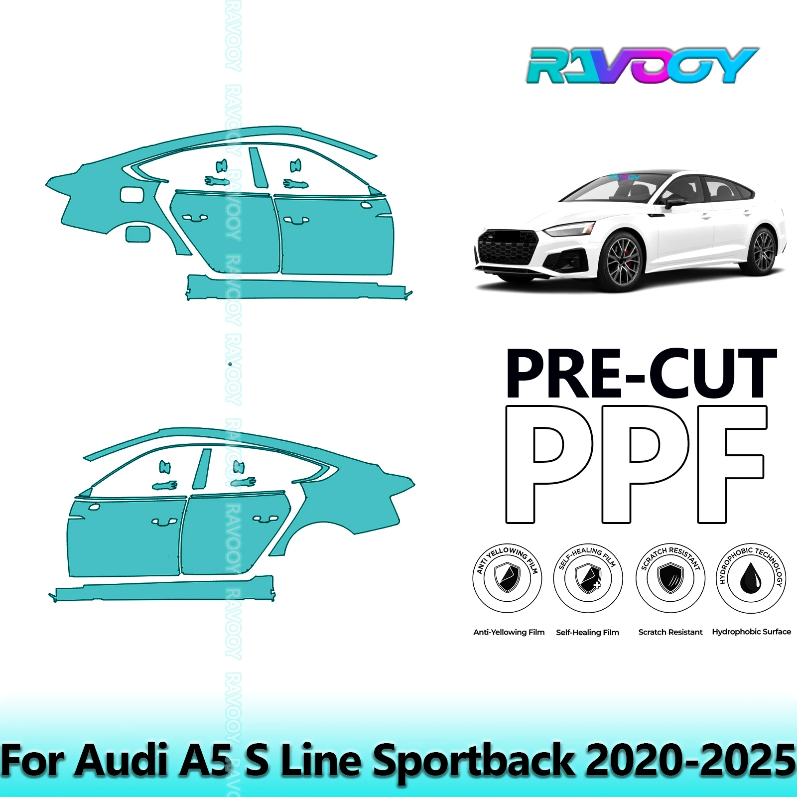 

For Audi A5 S Line Sportback 2020-2025 8.5mil Clear Matte Pre-Cut PPF Door & A/B Pillar Kit TPU Paint Protection Film Set