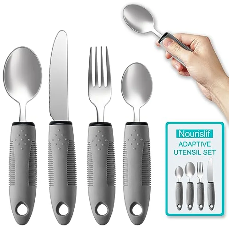 

Adaptive Utensils 4pcs For Hand Tremors, Elderly, Arthritis, Parkinsons-Built Up Utensils For Adults 2.5oz Each, Silverware Set