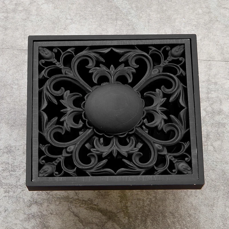 Drain 10cm Square Black Brass Shower Drain Strainer Floor Cover Art Carved Balcony Bathroom Bath Accessories Grate Waste SY-073R