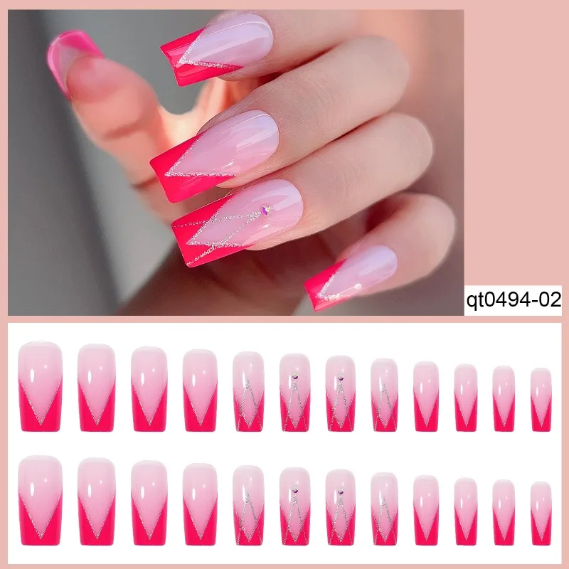 Resin Press On Nails French Design Featuring Clear Rhinestones and Comfort Fit