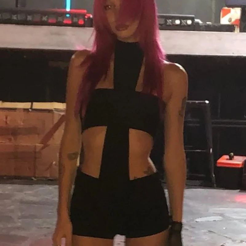 Mono sexy de estilo americano Vintage para mujer, pantalones cortos punk retro con cuello halter, medias ajustadas para mujer Y2K goth emo girl streetwear