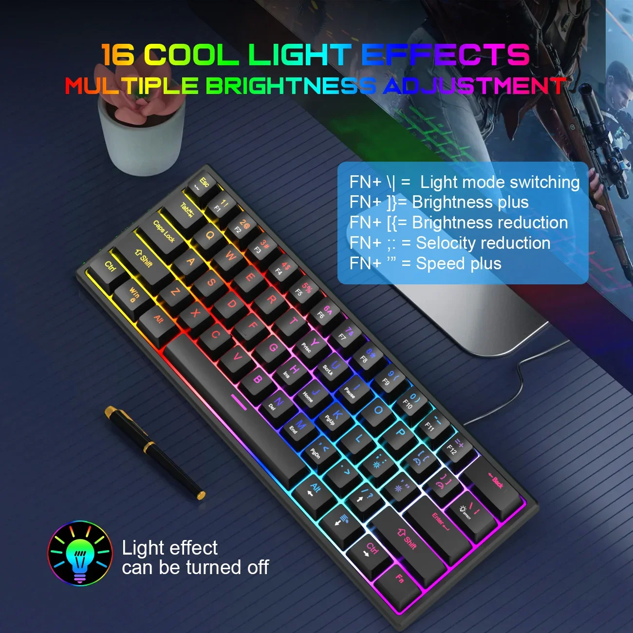 Keyboard Mekanis 61 Tombol Keyboard Gaming Berkabel Sumbu Cyan Keyboard Esports RGB Keyboard Ergonomis untuk PC Laptop Macbook