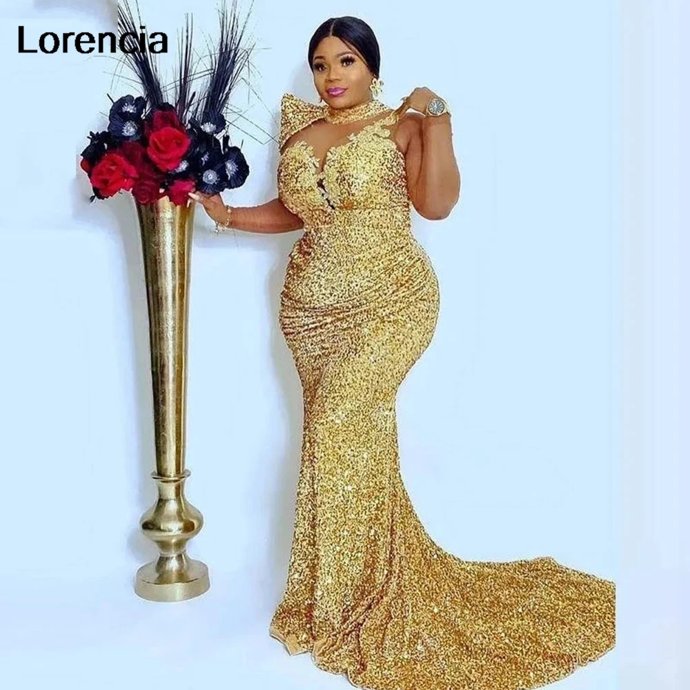 Lorencia 2024 Golden Mermaid Prom Dress Sequin V Neck Special Formal Party Dress Sleeveless Evening Gowns Robe De Soiree YPD9