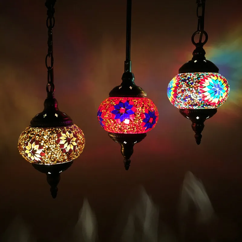 Small Size cord pendant lamp Southeast Asian Turkey restaurant Bar retro Handmade glass mosaic Colorful  lighting