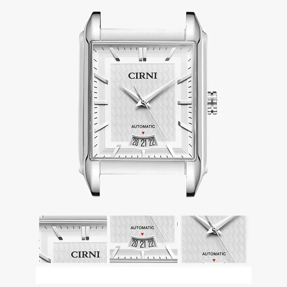 CIRNI Luxury Dress Watch Automatic Men Business Self-Wind Mechanical Wristwatches Rectangle Stainless Steel Calendar Clocks 2022