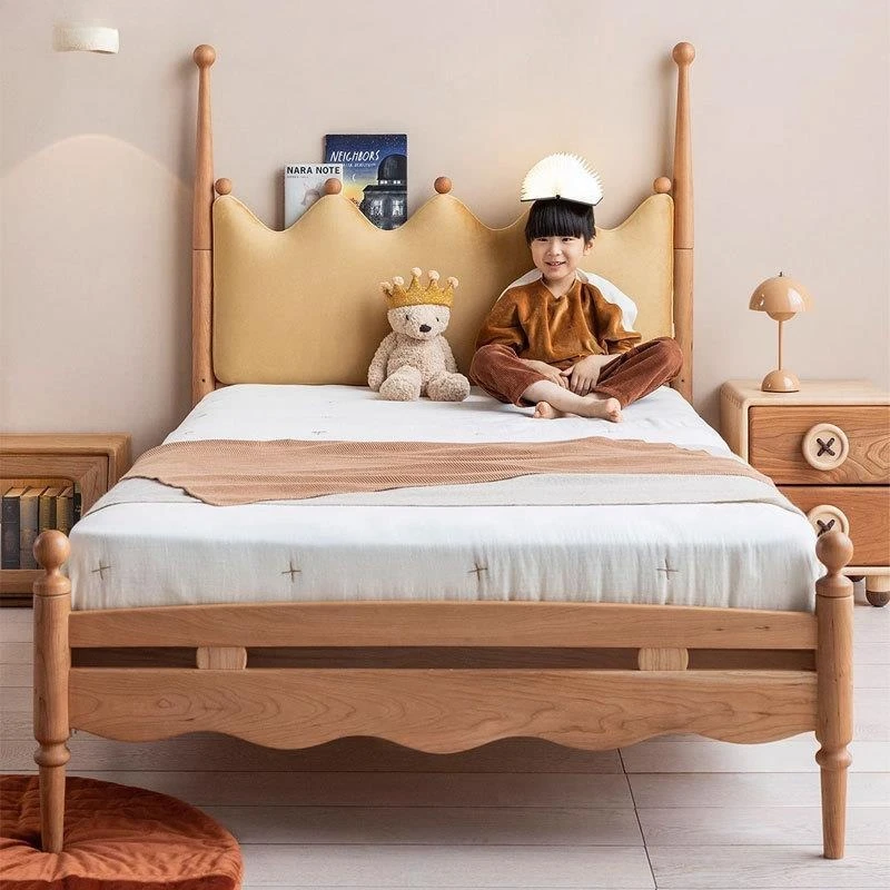 Solid wood crown bed retro cherry wood soft bag bedside, small apartment French style princess prince bed