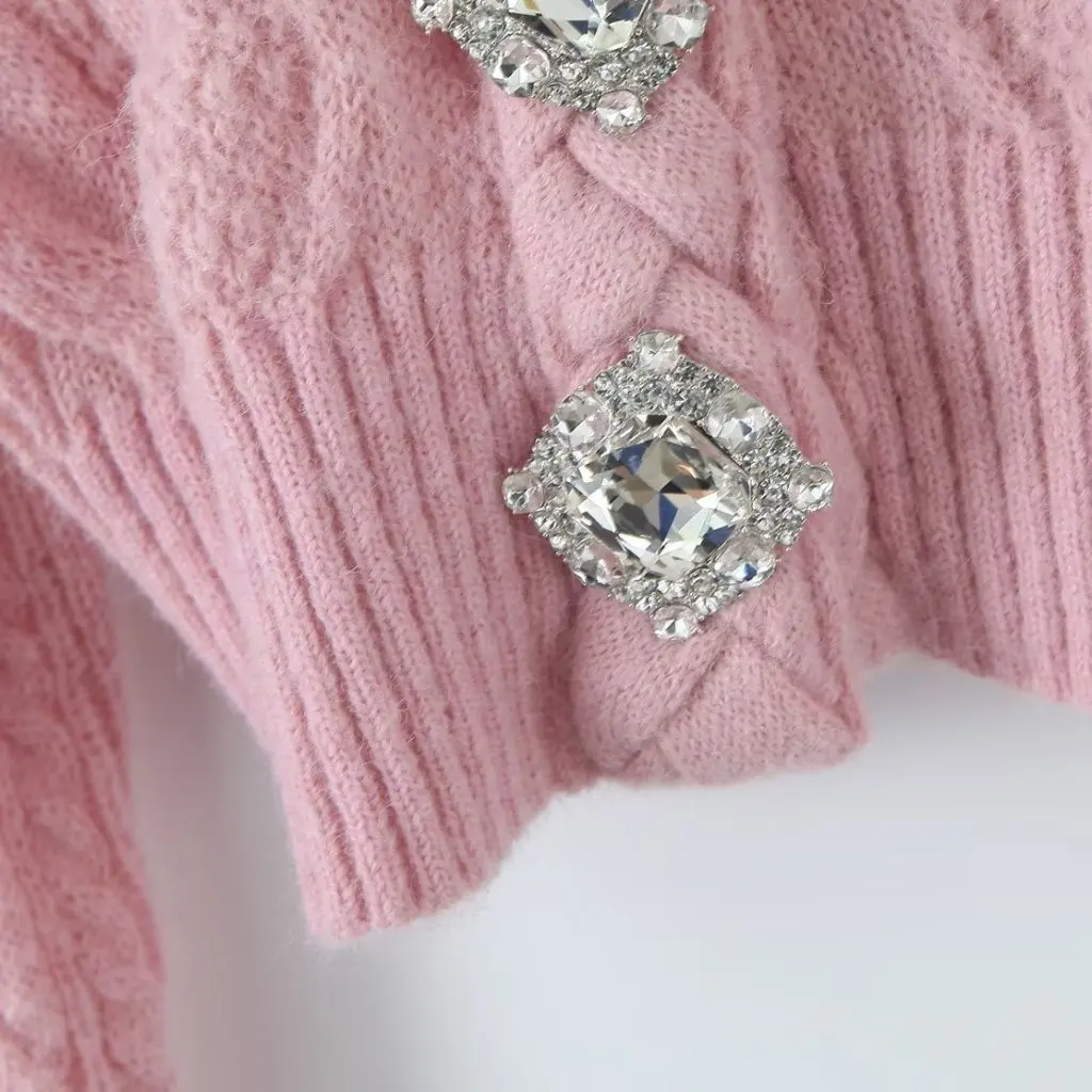 

Pink Twist Knitted Sweater V-neck Korean-style Slim-fit Short Sweater for Women Pure Desire Gentle Wind Autumn Collection