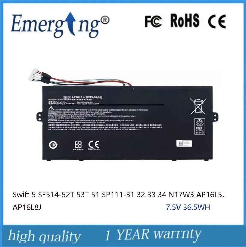 7.5V 36.5WH Laptop Battery AP16L8J for ASUS Swift 5 SF514-52T 53T 51 SP111-31 32 33 34 N17W3