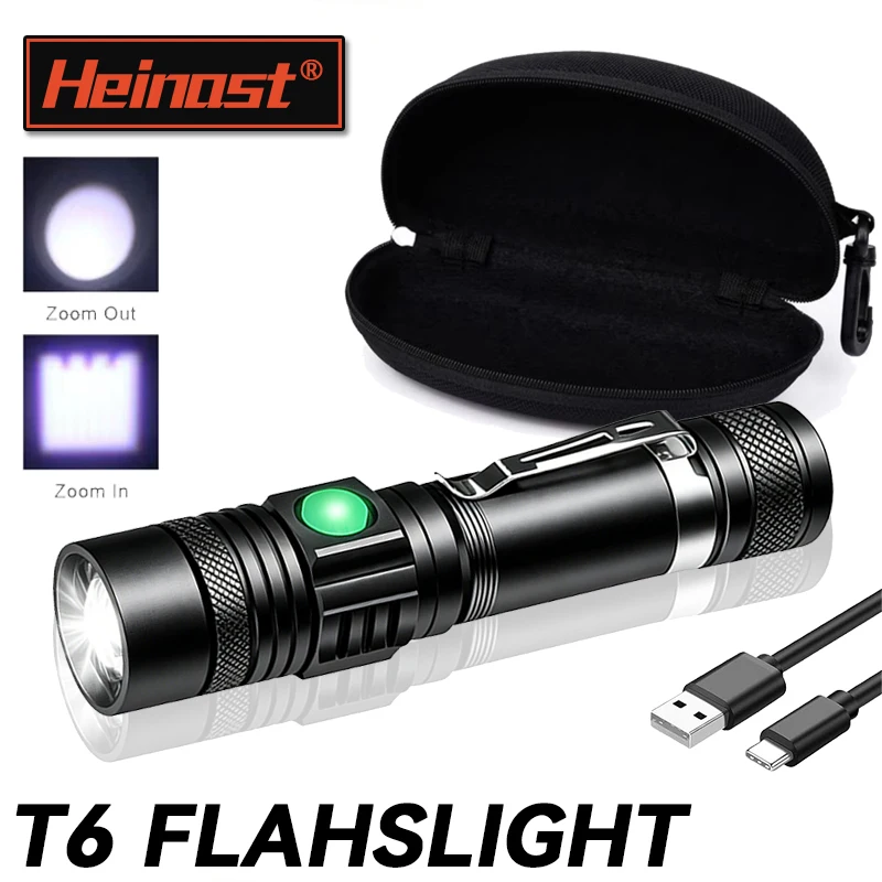 Linterna LED T6 Recargable, Linterna con Zoom 18650, Clip para Gorra, Linterna Frontal y Clip para Bolígrafo, Linterna de Mano para Acampar al Aire Libre