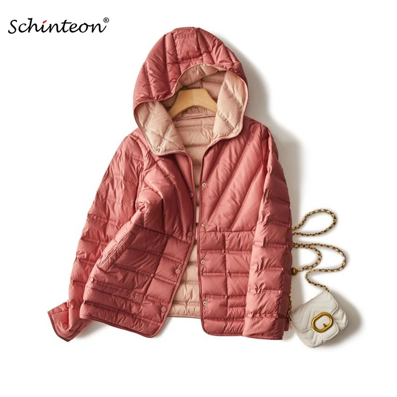 

Schinteon/Женская светильник куртка-пуховик на белом утином пуху с капюшоном, двусторонняя Повседневная простая верхняя одежда высокого качества, новинка 2023 года